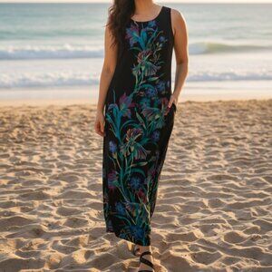 Vibrant Teal & Pink Floral Print Connected Apparel Sheer Overlay Dress Size 6